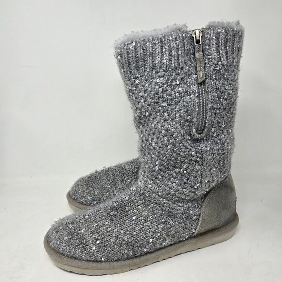 UGG Treadlite Silver Gray Sequin Knit Mid Calf Sweater Boots Shoes Size 6 - Picture 6 of 15